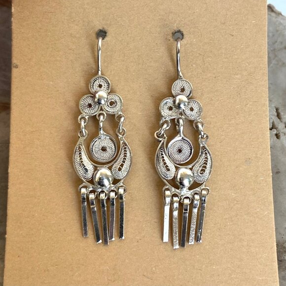 VTG Sterling Silver 925 Filigree Spun Silver Fringe Dangle Drop Earrings - Picture 11 of 14